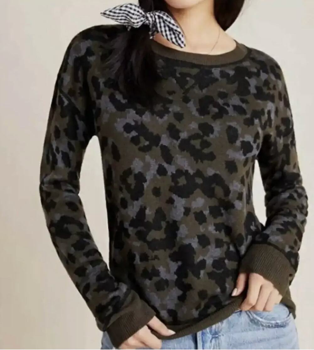by Anthropologie Ethan Crew Neck Leopard Print Knit Sweater Green Gray Brown M